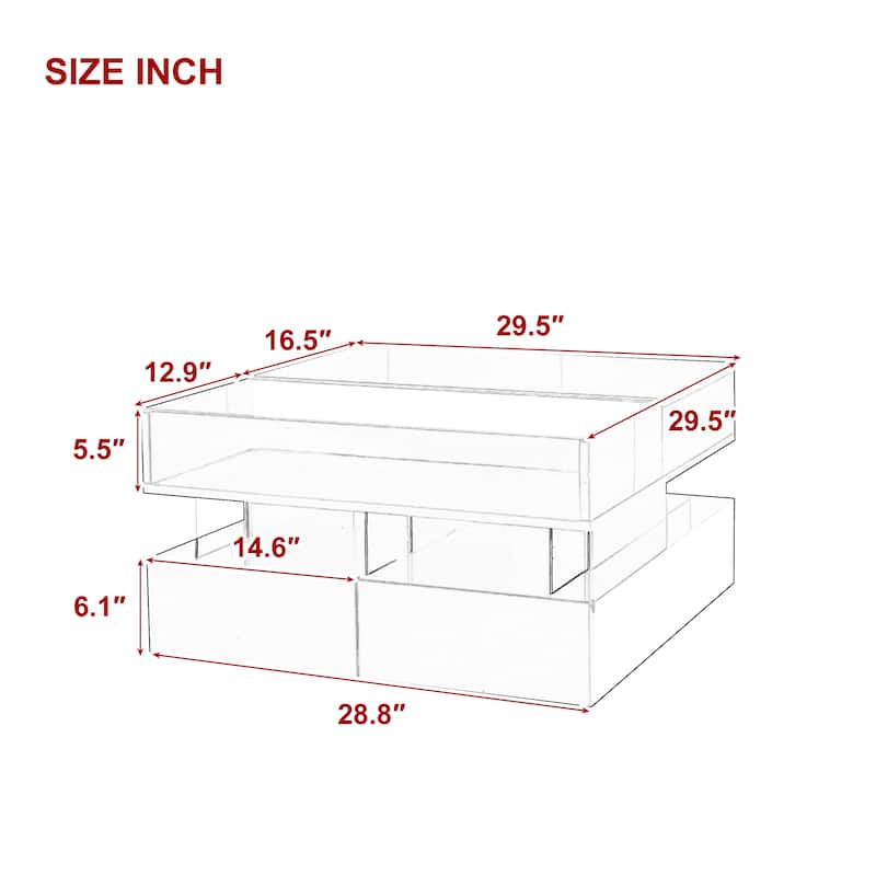 Modern Square Lift-Top Coffee Table with Glass Top and High-Gloss Finish, Hidden Space and LED Lights
