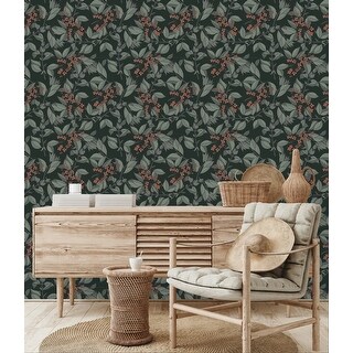 Dark Wallpaper with Little Red Flowers Peel and Stick and Prepasted ...