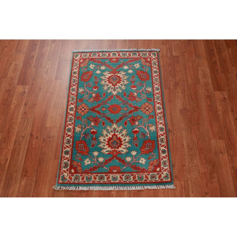 Traditional Kazak Oriental Foyer Rug Hand-Knotted Blue Wool Carpet - 2'0"x 3'0"