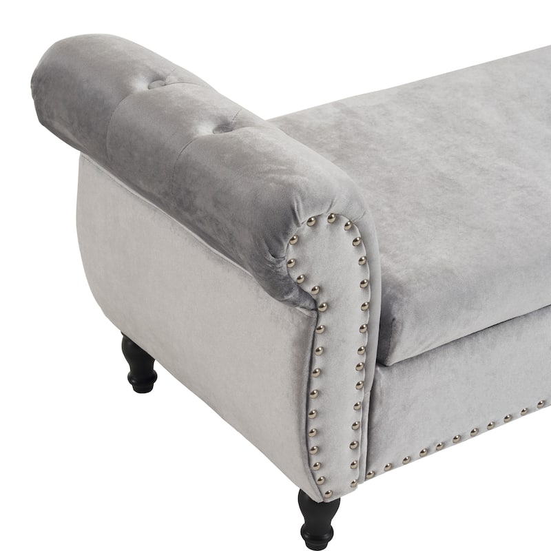51.25" Velvet Storage Ottoman Bench with Rolled Arms and Wood Legs