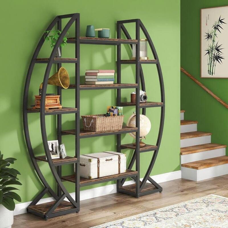 Metal and MDF 12 Shelf Half-Moon Plant Stand with Wide Display - 49.08” x 11.81” x 69.48” - Brown-Black