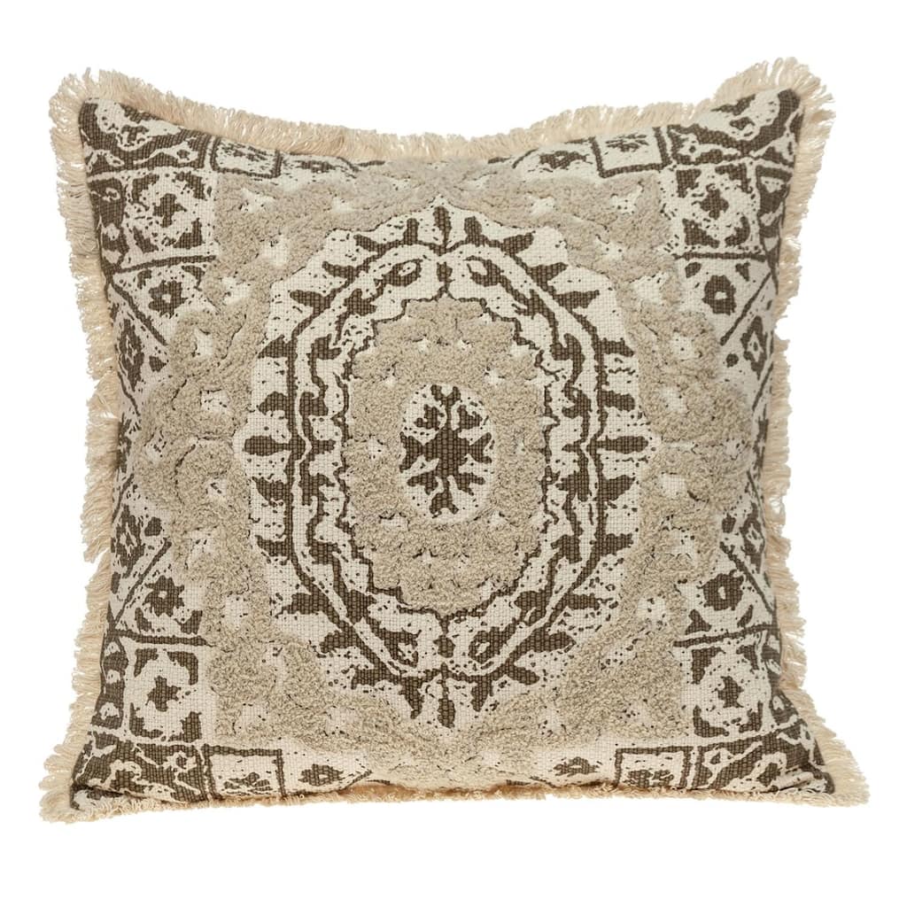 HomeRoots 18" Beige And Brown Geometric Cotton Blend Throw Pillow with Fringes And Texture