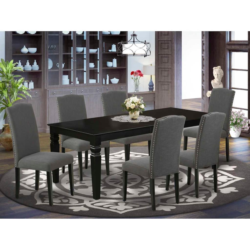 HomeStock 7-Piece Rectangle Black Finish Solid Wood Top Dining Table with 6 Parson-Chairs with Lattice Back