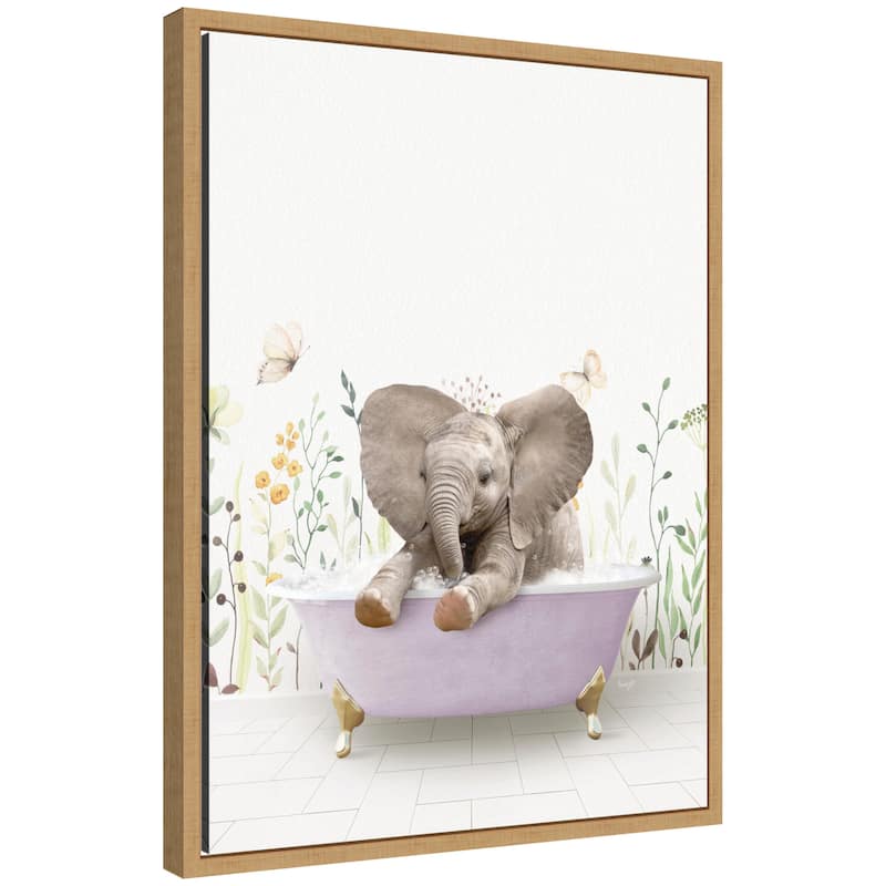 Kate and Laurel Sylvie Baby Elephant 6 in Spring Bathtub Framed Canvas by Amy Peterson - Natural
