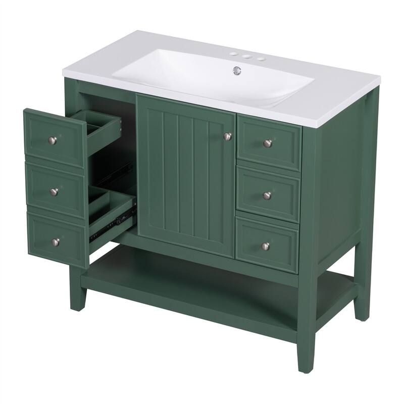 36" Bathroom Vanity with Ceramic Sink，Freestanding Bathroom Vanity Cabinet with 1 Door, 3 Storage Drawers and Adjustable Shelf