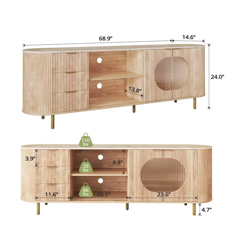 65 Inch Modern TV Stand, Fluted Media Console with Faux Marble Top