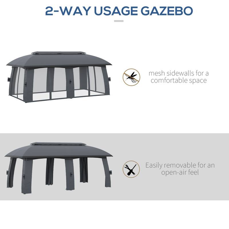 118" x 236" Dark Grey Outdoor Gazebo with Mesh Netting and Two-Tier Roof Included Stakes - 118" L x 236.25" W x 109.5" H