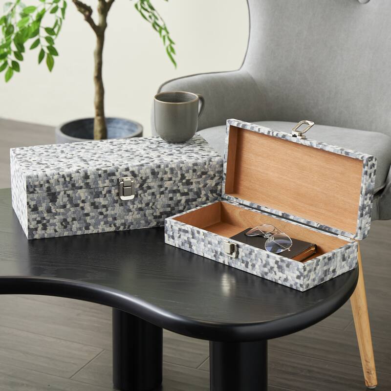 Multi Colored or Gray Wood Handmade Storage Decorative Box with Bronze Latches (Set of 2) - Gray
