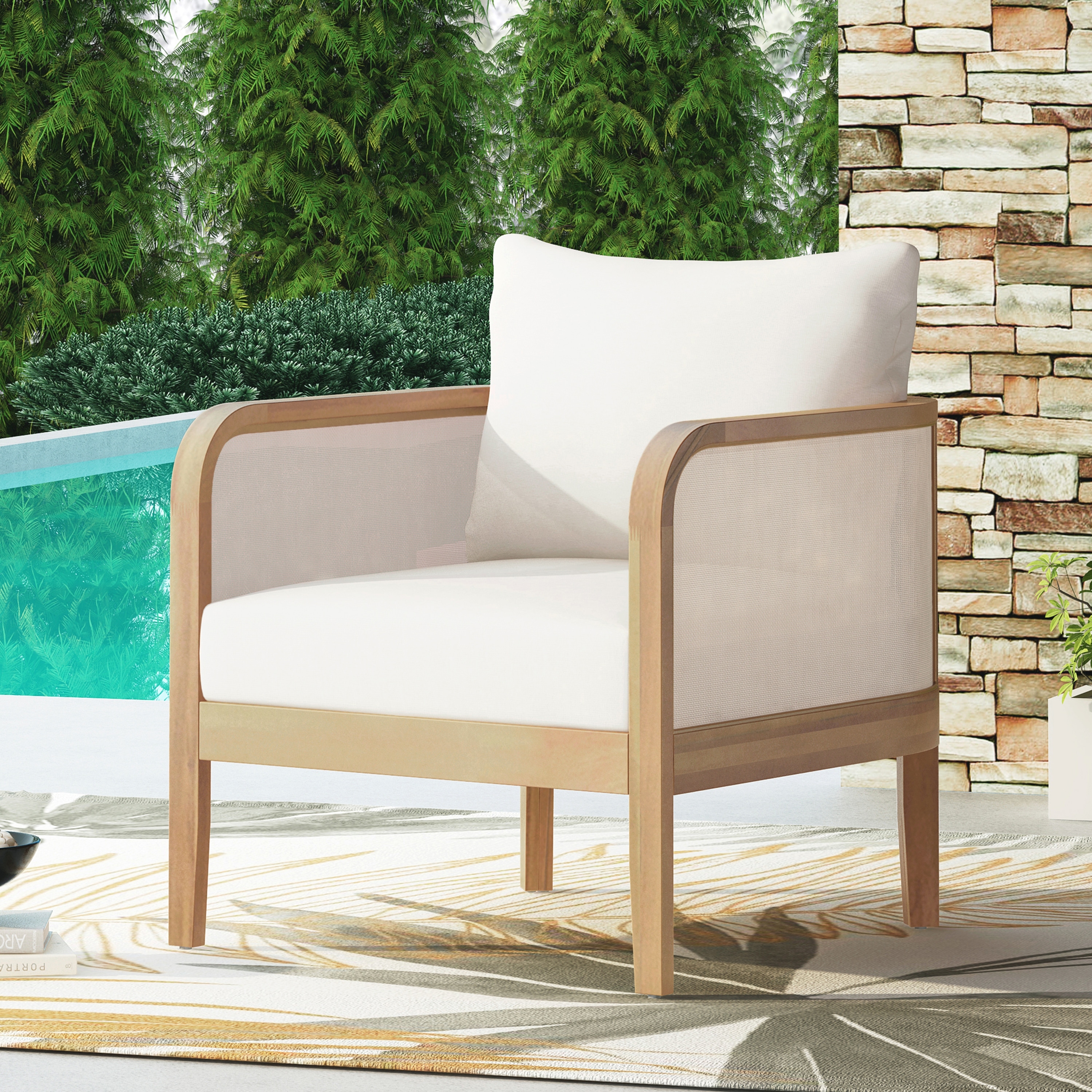 Wood Club Chair Outdoor Lounge Chair with Cushions, Coffee Chair Leisure Chair Sofa Chair Padded Chair