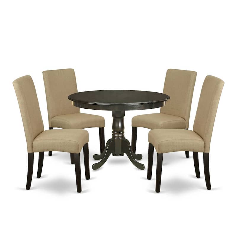 Round Dining Table Set 5 Piece - Cappuccino Table & Linen Chairs - 42 Inch Modern Dining Room Furniture