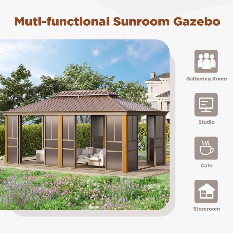 Outdoor Hardtop Sunroom Gazebo with Double Roof & Sliding Doors, All-Season Aluminum Outdoor Pergola, PE Screens&Lockable Design