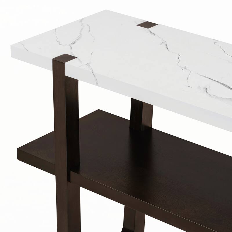 Narrow Console Table with Marble-Effect Top(Espresso)