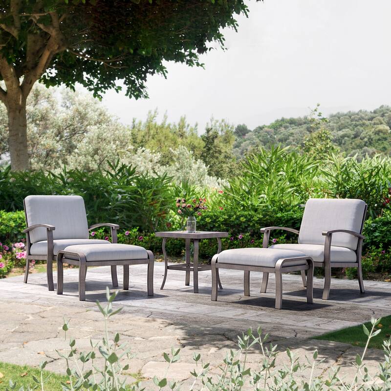 5-Piece Aluminum Patio Conversation Set with End Table, Ottoman and Light Gray Cushions