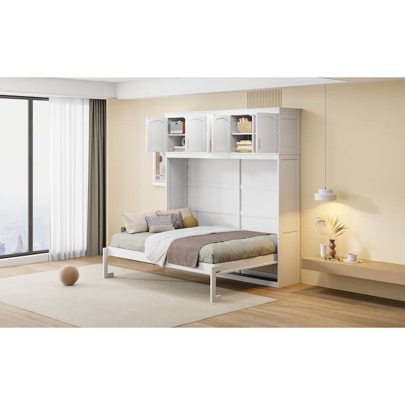Full Size Murphy Bed Wall Bed with Top Cabinets, Gray