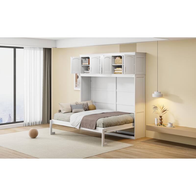 Full Size Wall Bed with Top Cabinets, White - Space-Saving Foldable Bed for Multi-Use Rooms