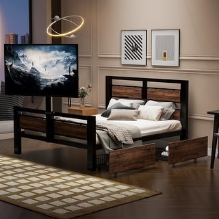 Twin Size Metal Platform Kids Bed Frame with Headboard, Two Storage Drawers, and Rotatable TV Stand for Bedroom, Black