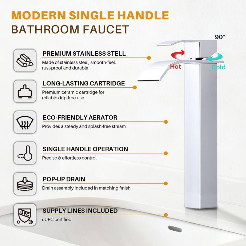 WOWOW Single Handle Single Hole Waterfall Bathroom Vessel Faucet