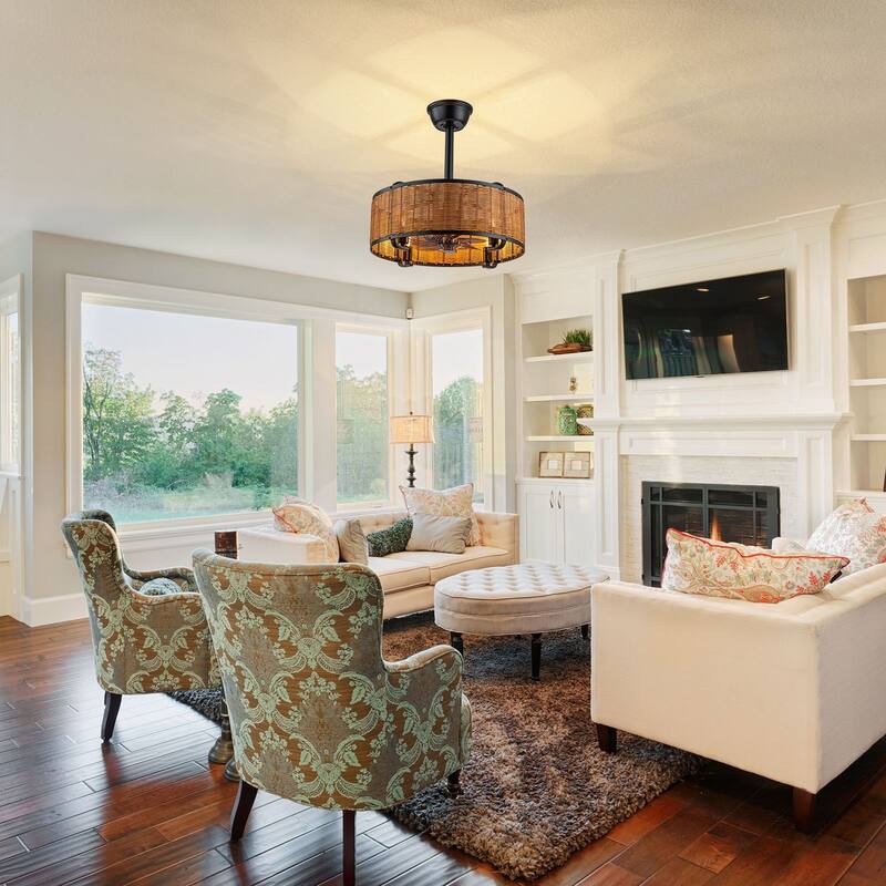 18.5 in. Farmhouse Rattan Ceiling Fan Chandelier with Remote - Black