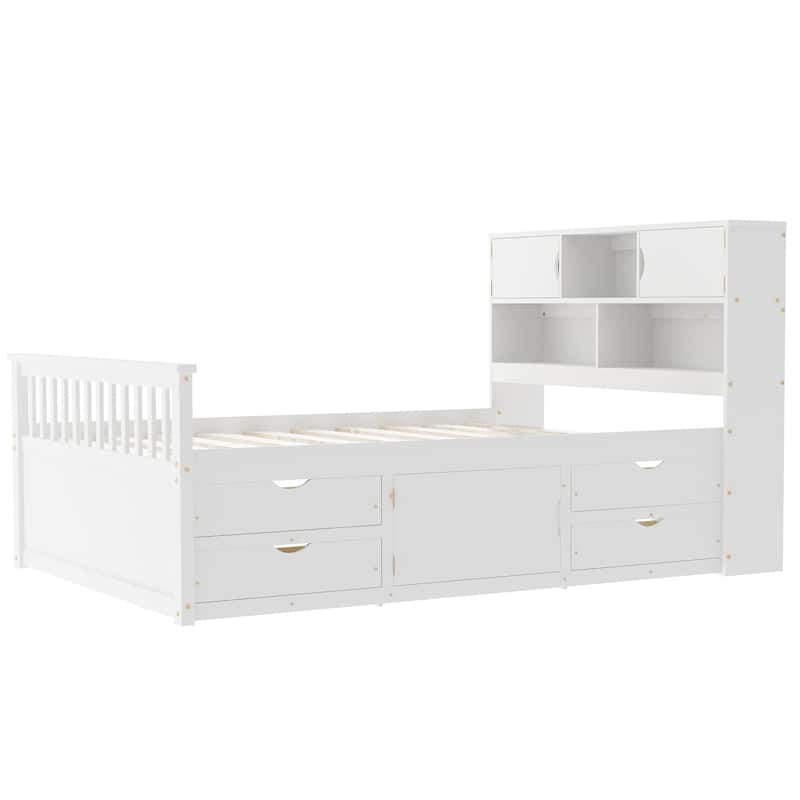 Captain Platform Bed Frame with Built-In Storage Bookcase, Shelves & Drawers