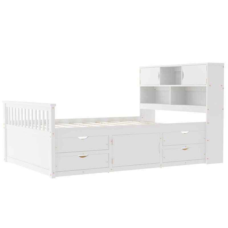 Full Size Wooden Captain Platform Bed Frame with Storage Bookcases Headboard and 4 Drawers