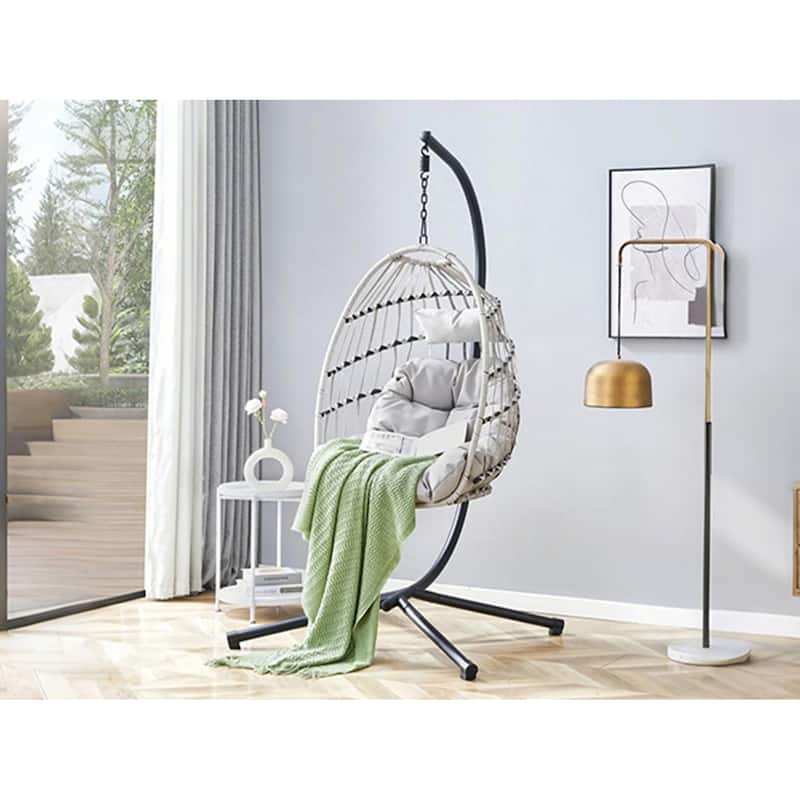 Heavy-Duty Iron Hanging Chair with Wicker Weave for Indoor/Outdoor Comfort
