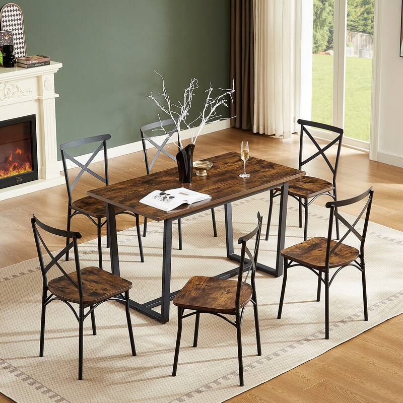 Retro Industrial Style Dining Table Set with X-Shaped Frame Backrests, for Living Room and Kitchen, 7-Piece Set.