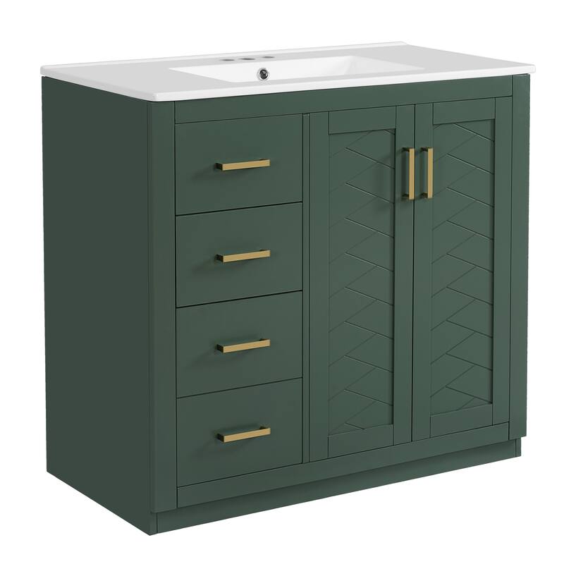 GDFStudio - Montclair Modern Freestanding Bathroom Vanity with Ceramic Sink and 3 Storage Drawers & Soft Closing Doors - 36'W