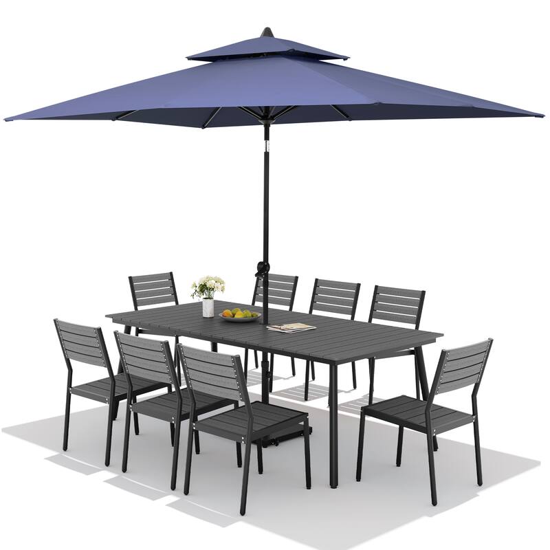 11PC Outdoor Patio Dining Set Wood-Like Aluminum Table with Stackable Chairs,Double Top Market Umbrella and Wheel Base
