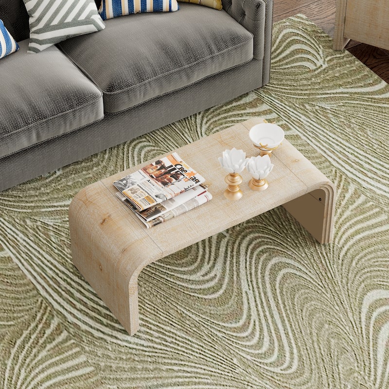 Coffee Table with Curved Art Deco Design, Minimalist Wood Rectangle Center Table, Cocktail Tea Coffee Table for Living Room - Natural Wood Wash