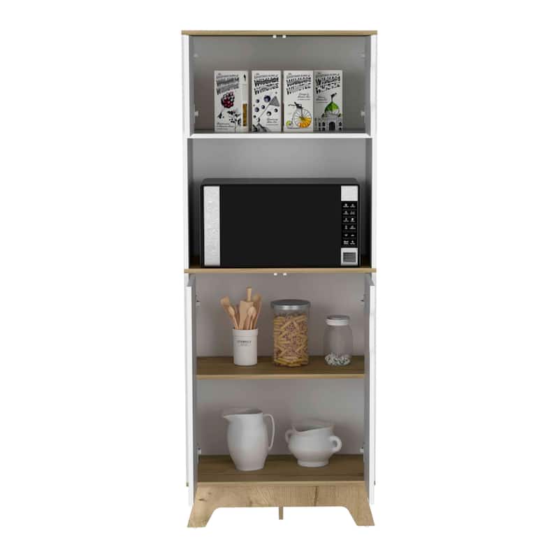 Pamplona Microwave Tall Cabinet Counter Surface, Top And Lower Double Doors Cabinets -Light Oak / White