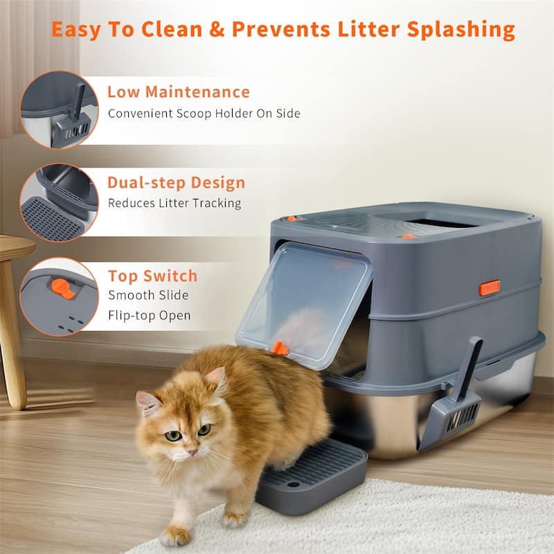Full Enclosed Stainless Steel Cat Litter Box with Lid