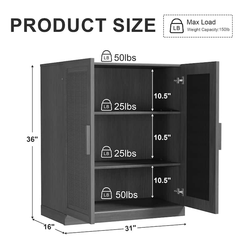 36"H Classic Storage Cabinet with Adjustable Shelves with Rattan Doors