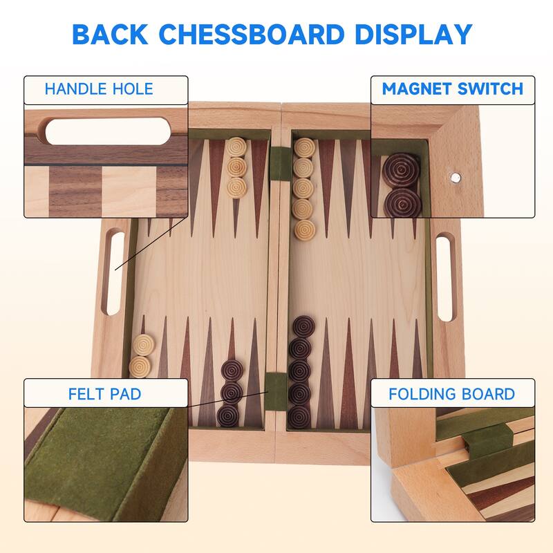 16" Classic 3-in-1 Wooden Folding Chess, Checker and Backgammon Board Game Combo Set