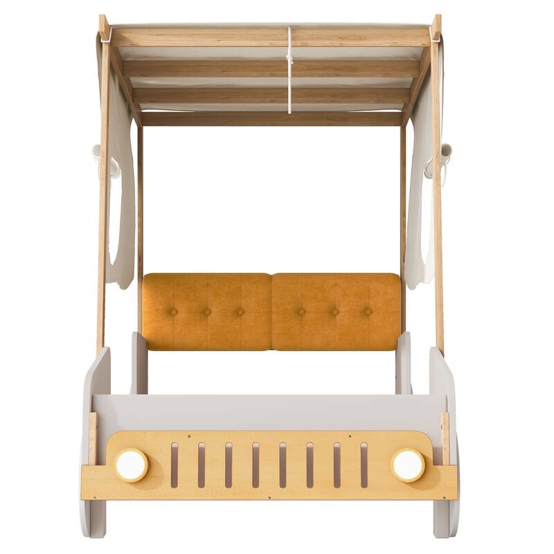 Twin Size Car-Shaped Bed with LED Lights and Pillow, Natural