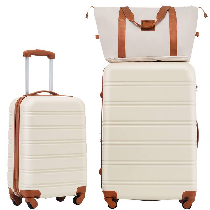 Luggage 2 Piece Set Suitcase Spinner Hardshell Lightweight TSA Lock and Bag - Brown+White