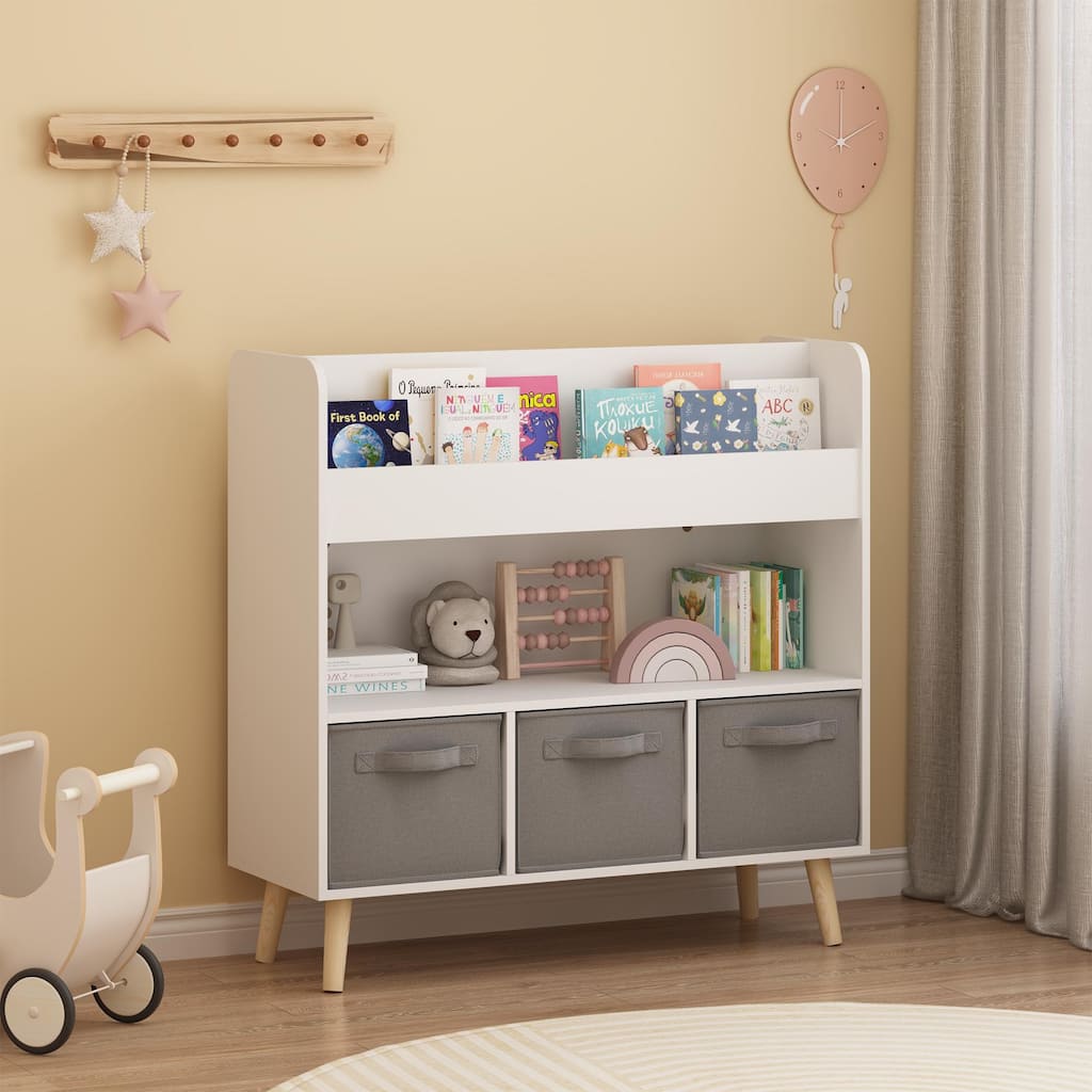 Kids Bookshelf with 3 Fabric Bins, Modern Children's Bookcase with Storage for Toys and Books