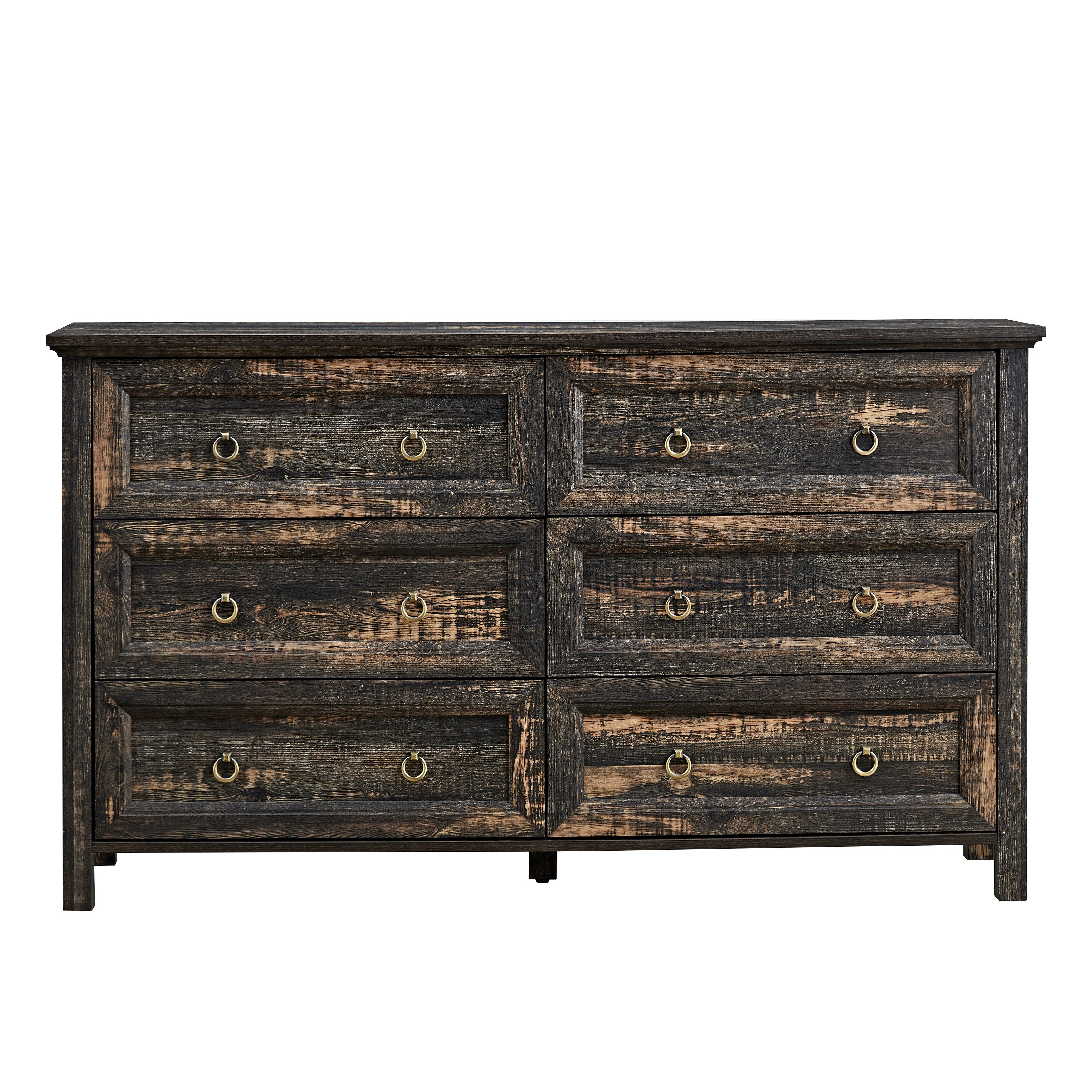 black rustic dresser OSP Home Furnishings Farmhouse Basics 6 Drawer Dresser 2/CTN in Rustic Black Finish