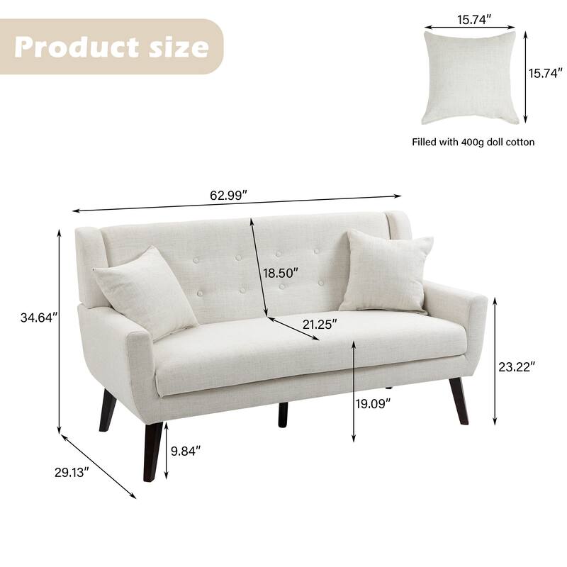 Modern 63-Inch Linen Tufted Loveseat Sofa with Pillows
