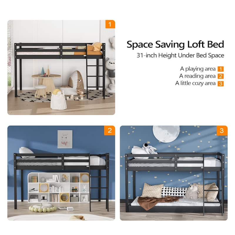 Espresso Wood Junior Loft Bed with Stairs for Adults, Kids and Young Teens