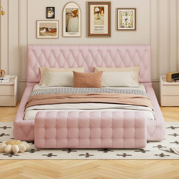 slide 2 of 11, 2-Pcs Tufted Upholstered Platform Wooden Bedframe with Ottoman, Pink Pink - Queen