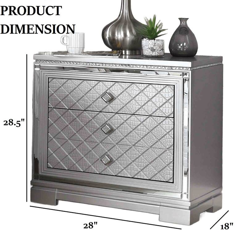 Glam Nightstand with USB Port & Hidden Jewelry Drawer - Silver Finish