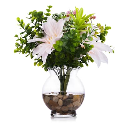 Enova Home Artificial Silk Pink Dahlia Fake Flowers and Greenery Grasses in Clear Glass Vase with Faux Water for Home Decoration