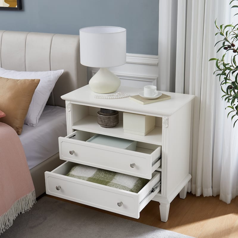 Farmhouse Nightstand with 2 Drawers and Charging Station, Solid Wood Legs, USB Ports & Open Shelf, Fluted Design End Table