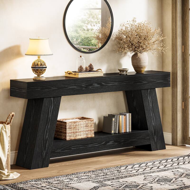 Industrial Wooden 2-Tier Sofa Console Table with Storage for Entryway - Black