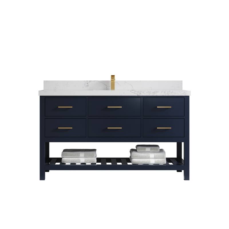 Willow Collections 60 in. W x 22 in. D Parker Single Sink Bathroom Vanity with Countertop - 2" Calacatta Nuvo - Navy Blue