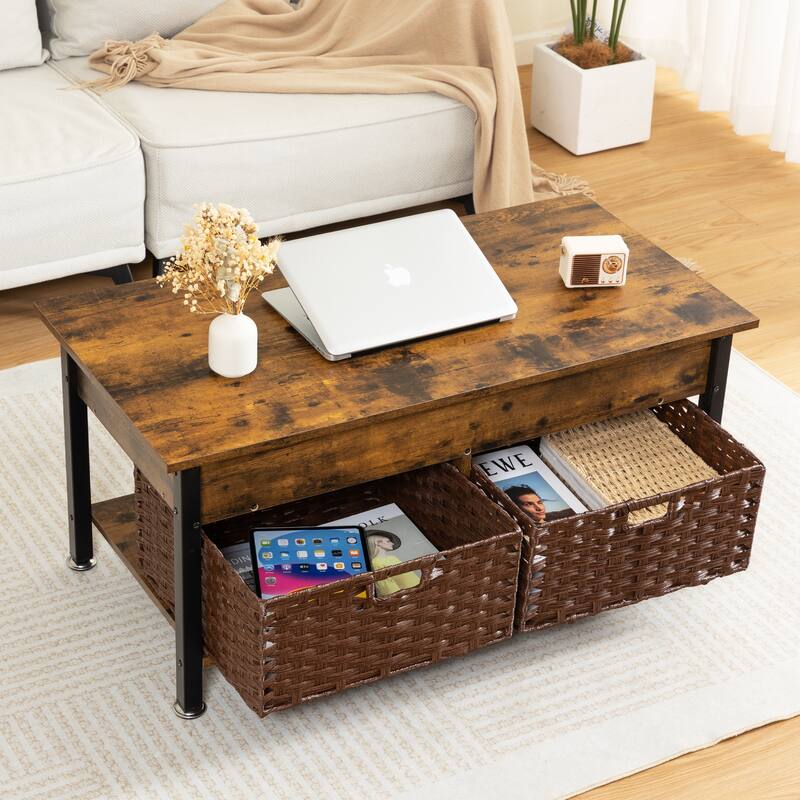 Brown Wood Coffee & End Tables with a Lifting Table,and Hidden Storage Space