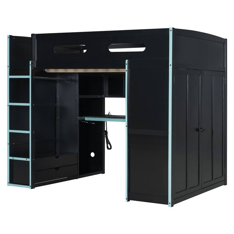 Full Size Versatile Loft Bed w/ Built-in Desk w/ Charging Station, Wood Storage Gaming Bed Frame w/ Wardrobe and Drawer