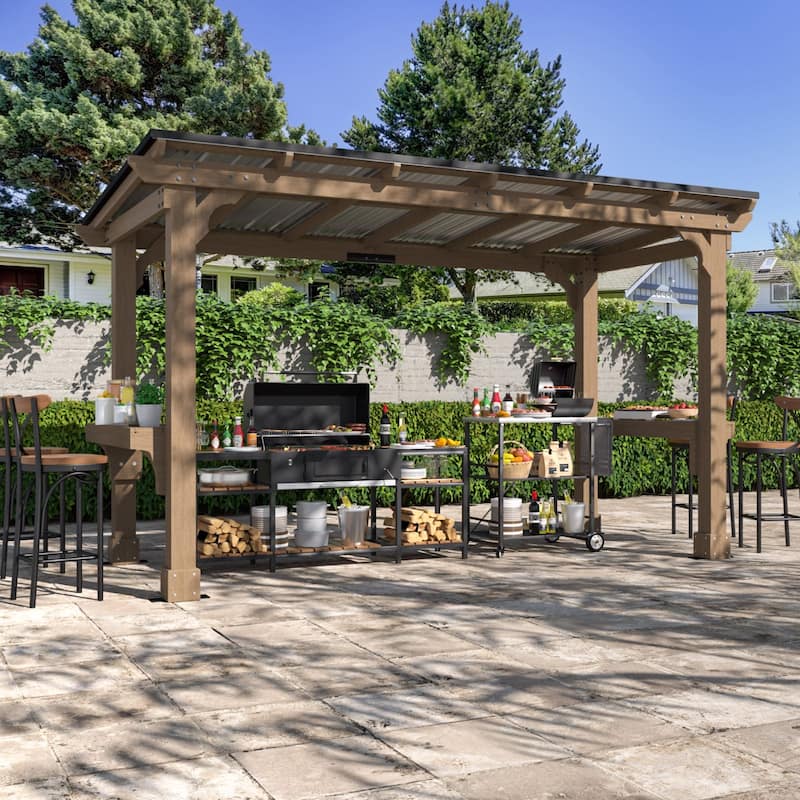 VEIKOUS Wood BBQ Grill Gazebo with Steel Roof for Patio Garden Backyard and Lawn