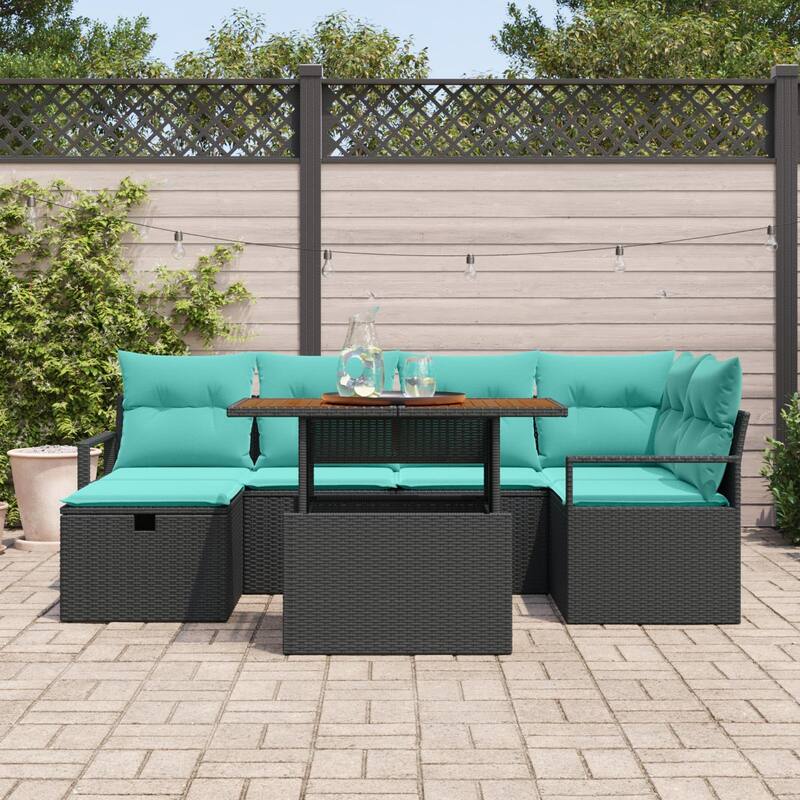 vidaXL 7 Piece Garden Sofa Set with Cushions Black Poly Rattan - 91.3 x 48 x 27.2