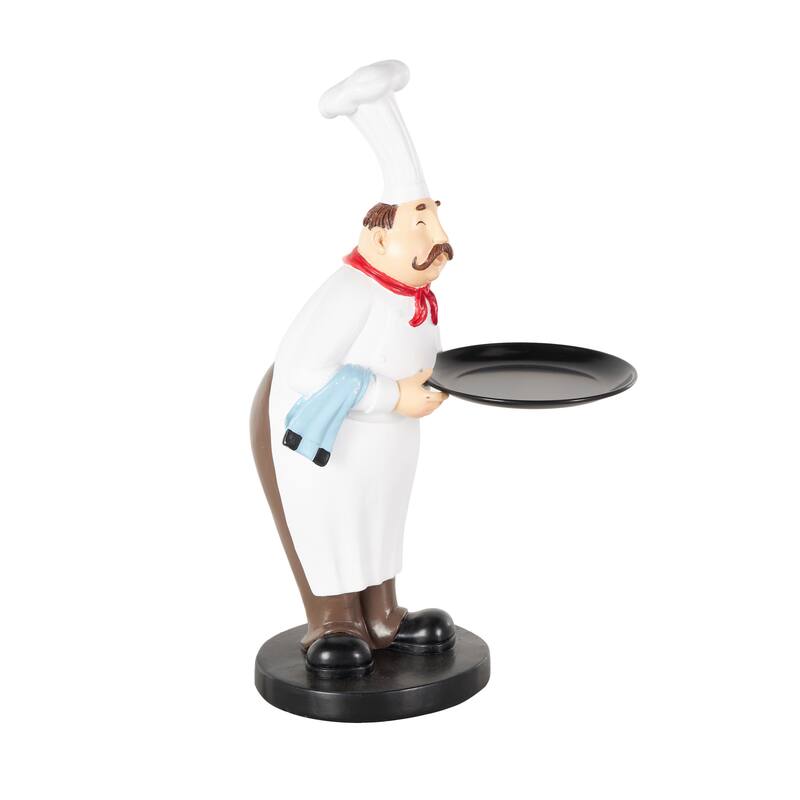White Polystone Kitchen Decorative Figurine Chef Decorative Sculpture with Black Tray